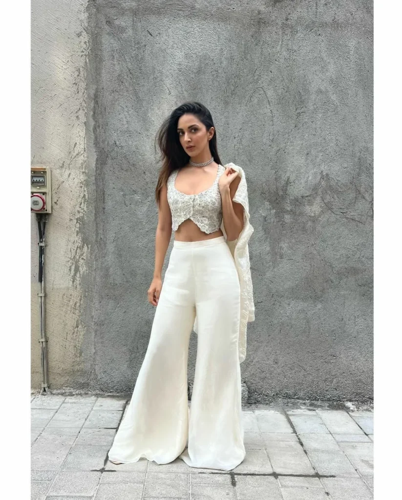 White Embellished Crop Top + Wide-Leg Trousers + Matching Jacket