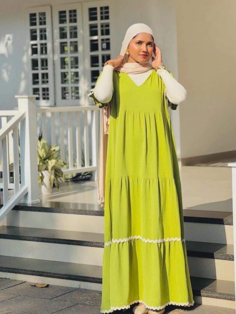 Lime Green Tiered Dress + White Turtleneck + Cream Hijab