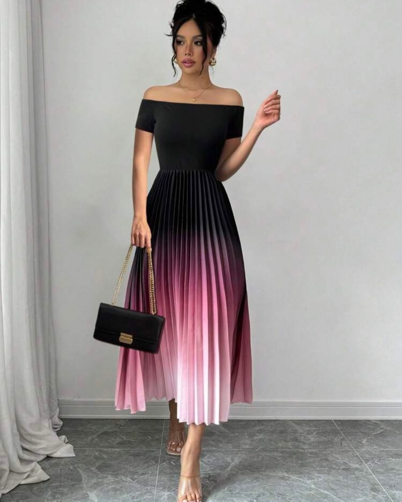 Black-to-Pink Ombre Off-Shoulder Dress + Black Gold-Chain Handbag