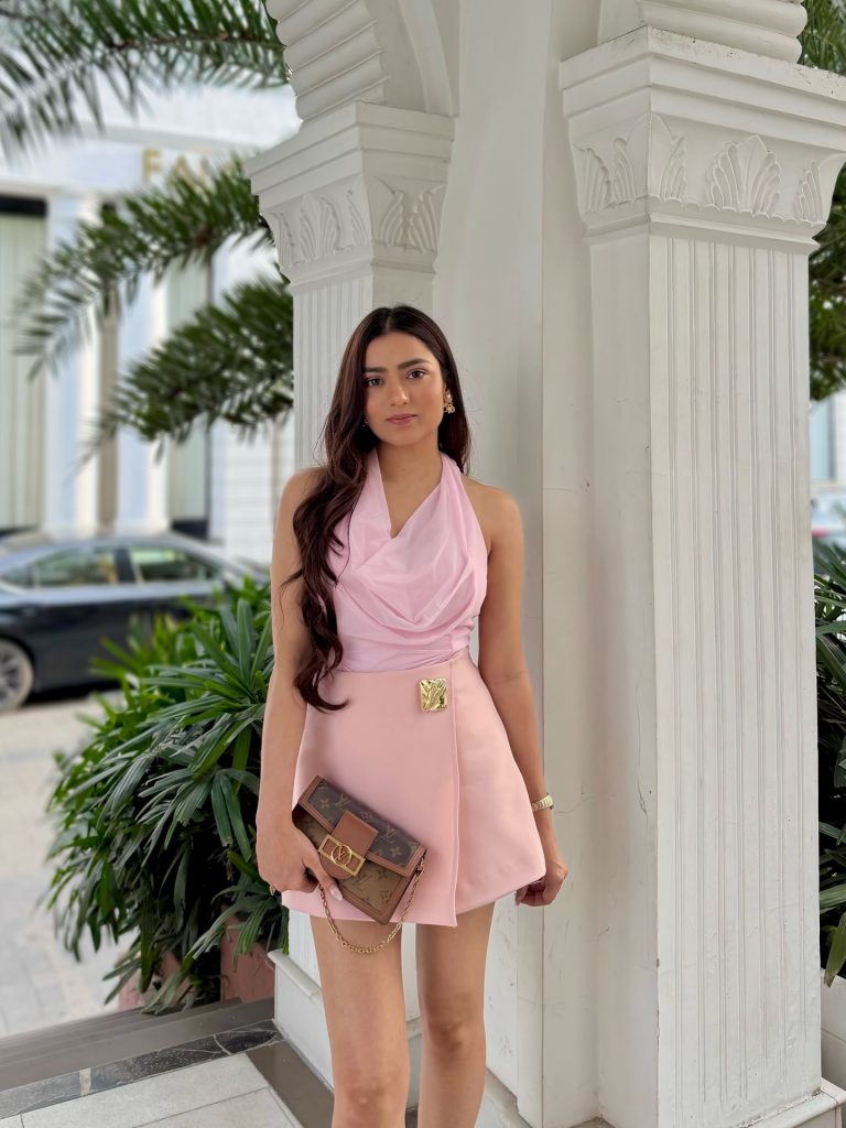 Pink Halter Draped Top + Pink Mini Wrap Skirt + Monogram Chain Bag