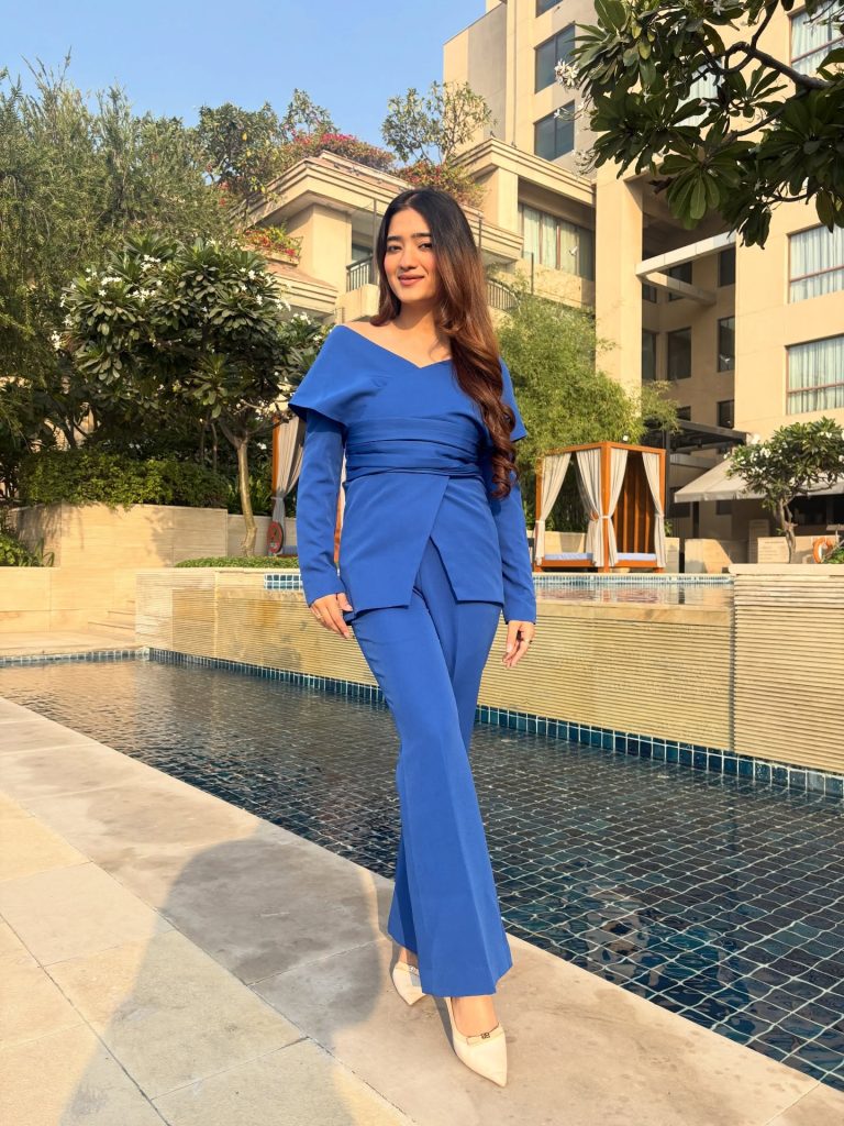 Royal Blue Structured Co-ord Set + Beige Pointed-Toe Heels
