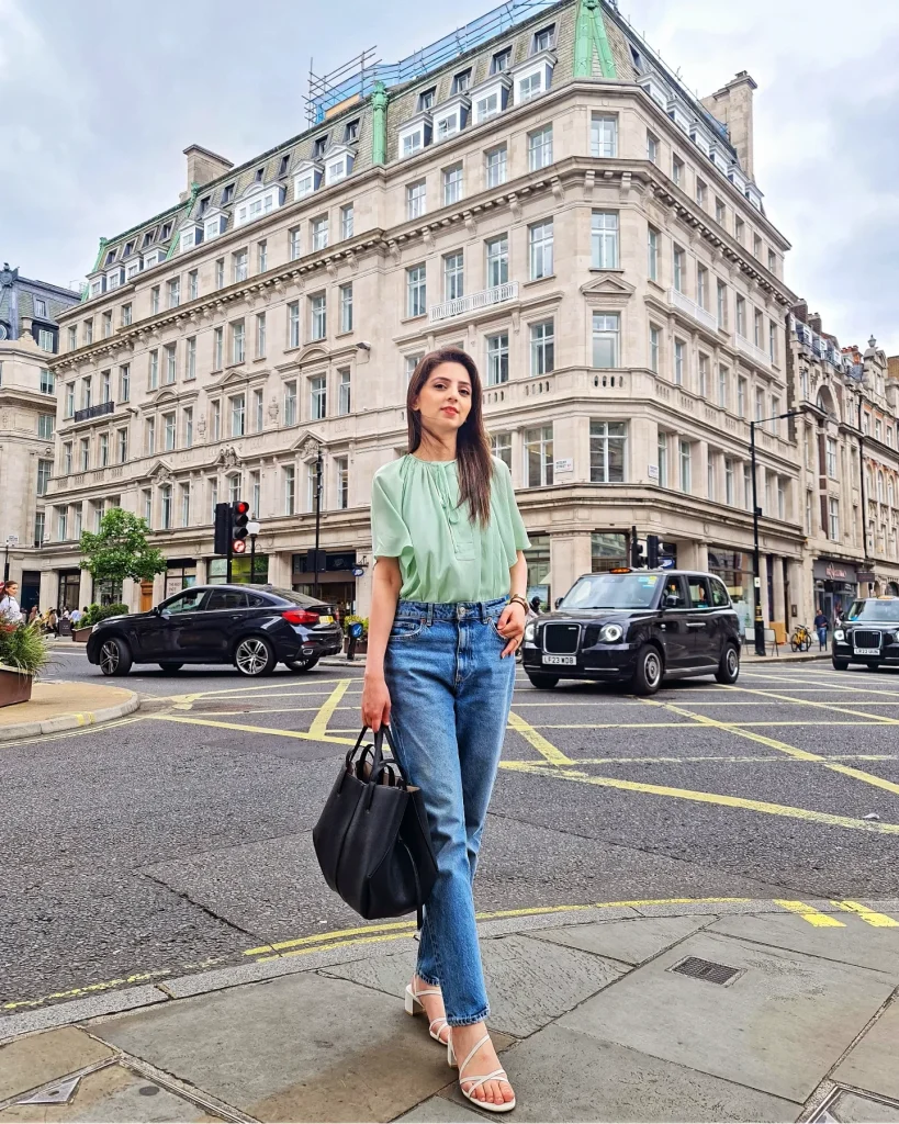 Mint Green Pleated Blouse + Medium Wash Straight Jeans