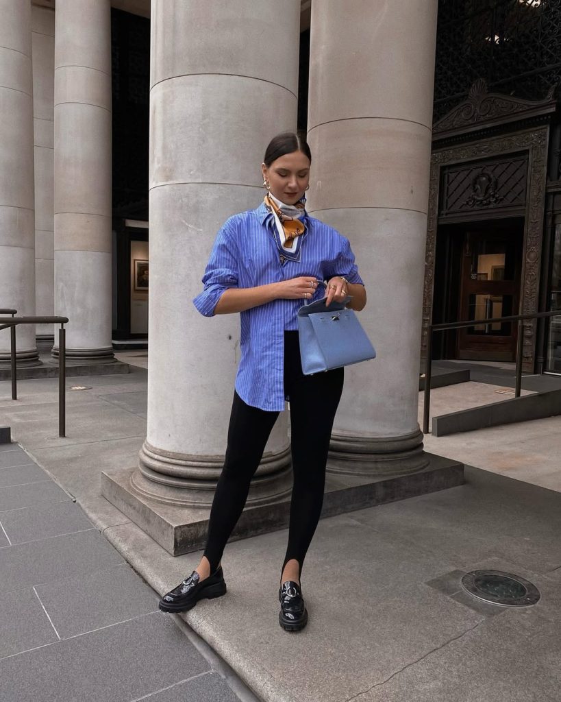 Blue Striped Shirt + Stirrup Leggings + Black Loafers