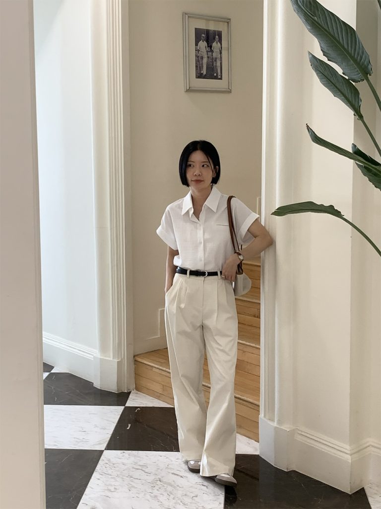 White Short Sleeve Shirt + Cream Tailored Pants