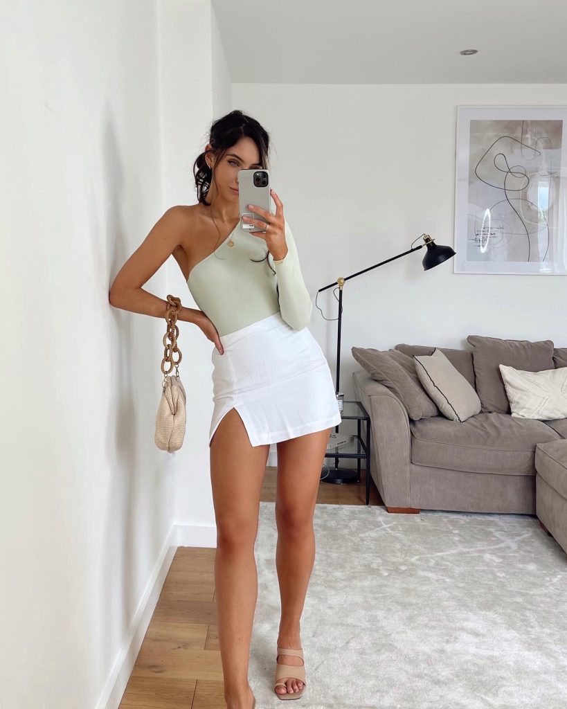 Mint One-Shoulder Top + White Mini Skirt + Chain-Link Bag