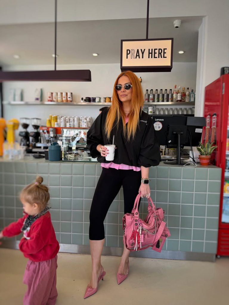 Black Windbreaker + Pink Layered Top + Black Cropped Leggings