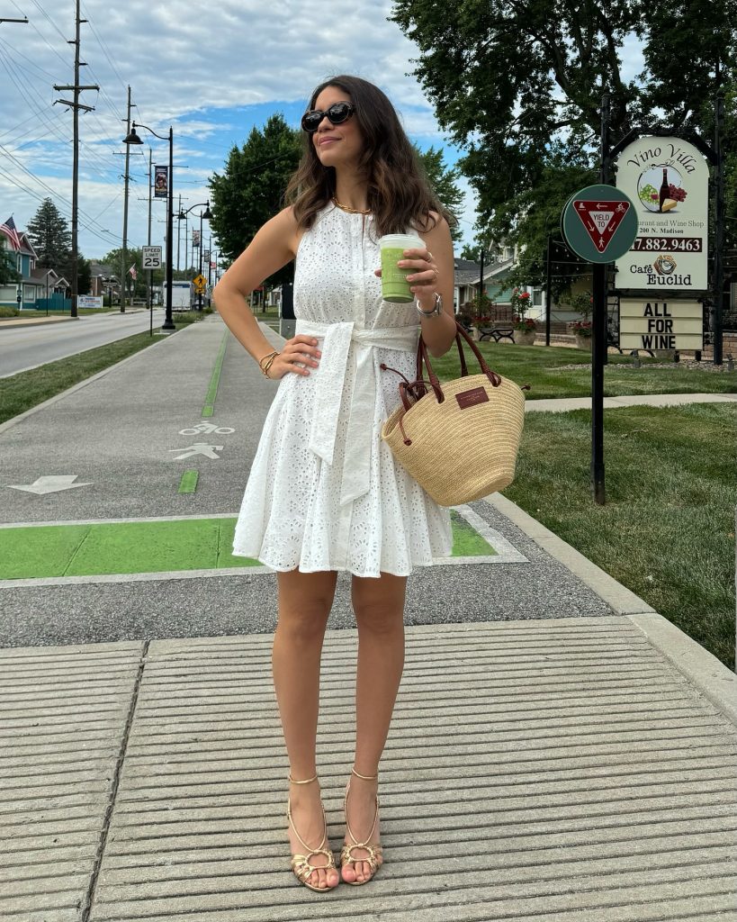 White Eyelet Mini Dress + Gold Strappy Heels