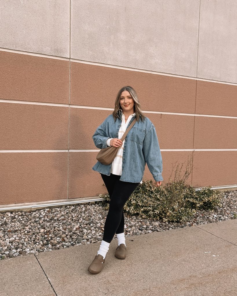 Denim Overshirt + Striped Knit Top + Black Leggings