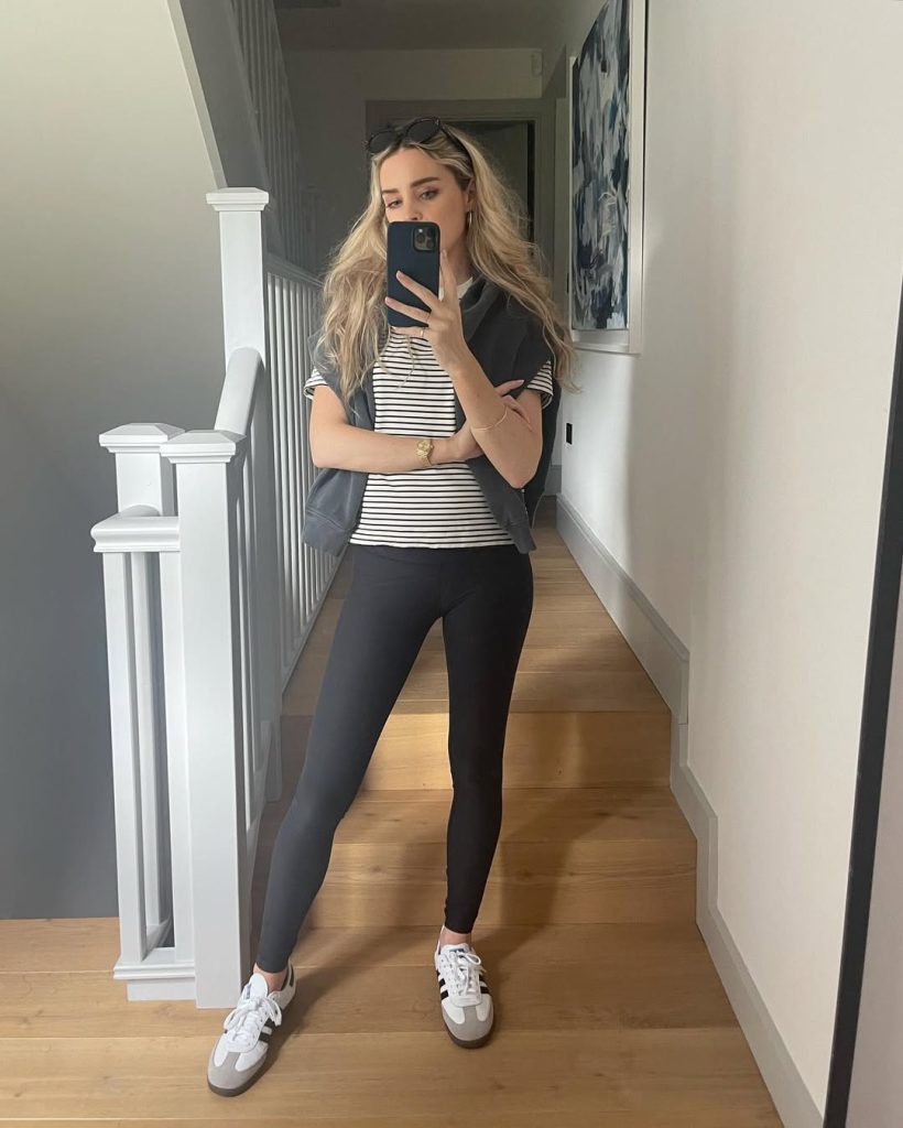 Striped T-Shirt + Grey Sweater + Black Leggings