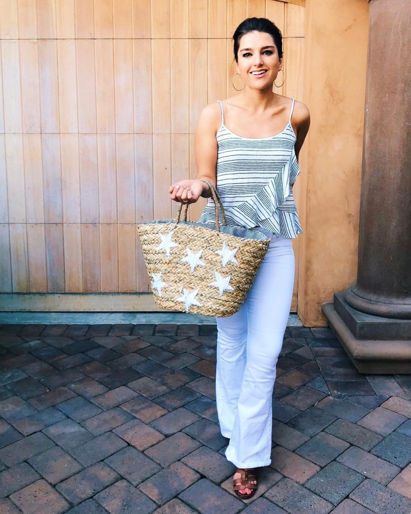 Striped Ruffle Camisole + White Flare Jeans