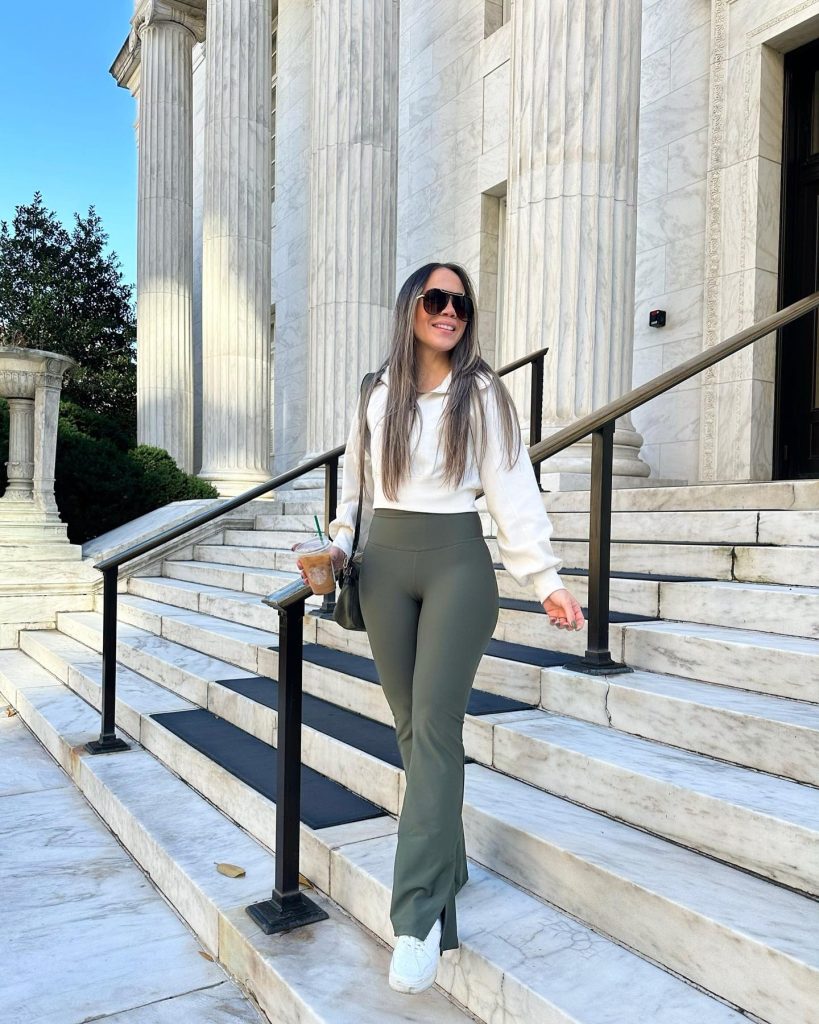White Quarter-Zip Pullover + Olive Green Flare Leggings + White Sneakers