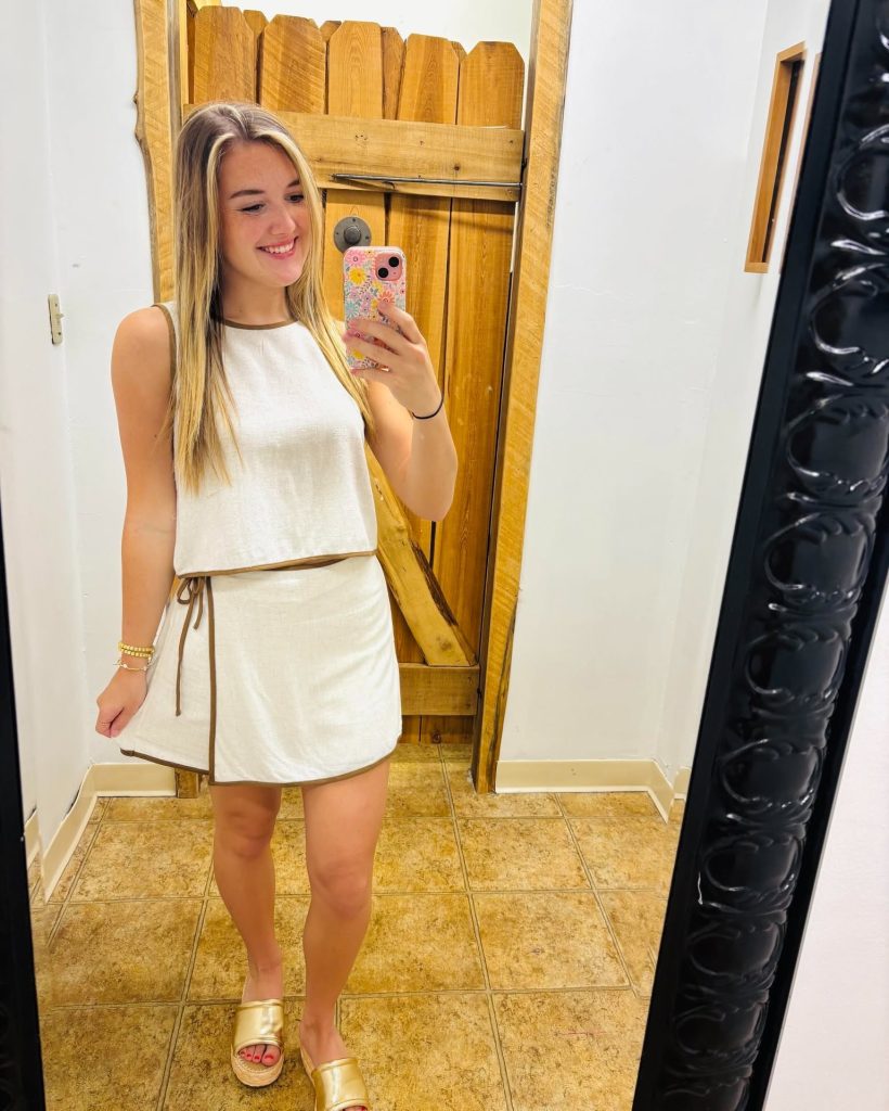 Cream Sleeveless Top + Matching Wrap Skort + Gold Slides
