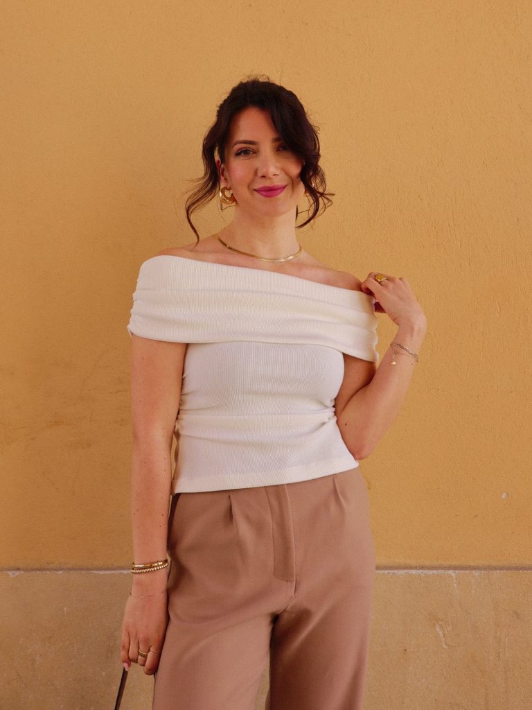  Cream Fold-Over Neck Top + Taupe Pleated Trousers