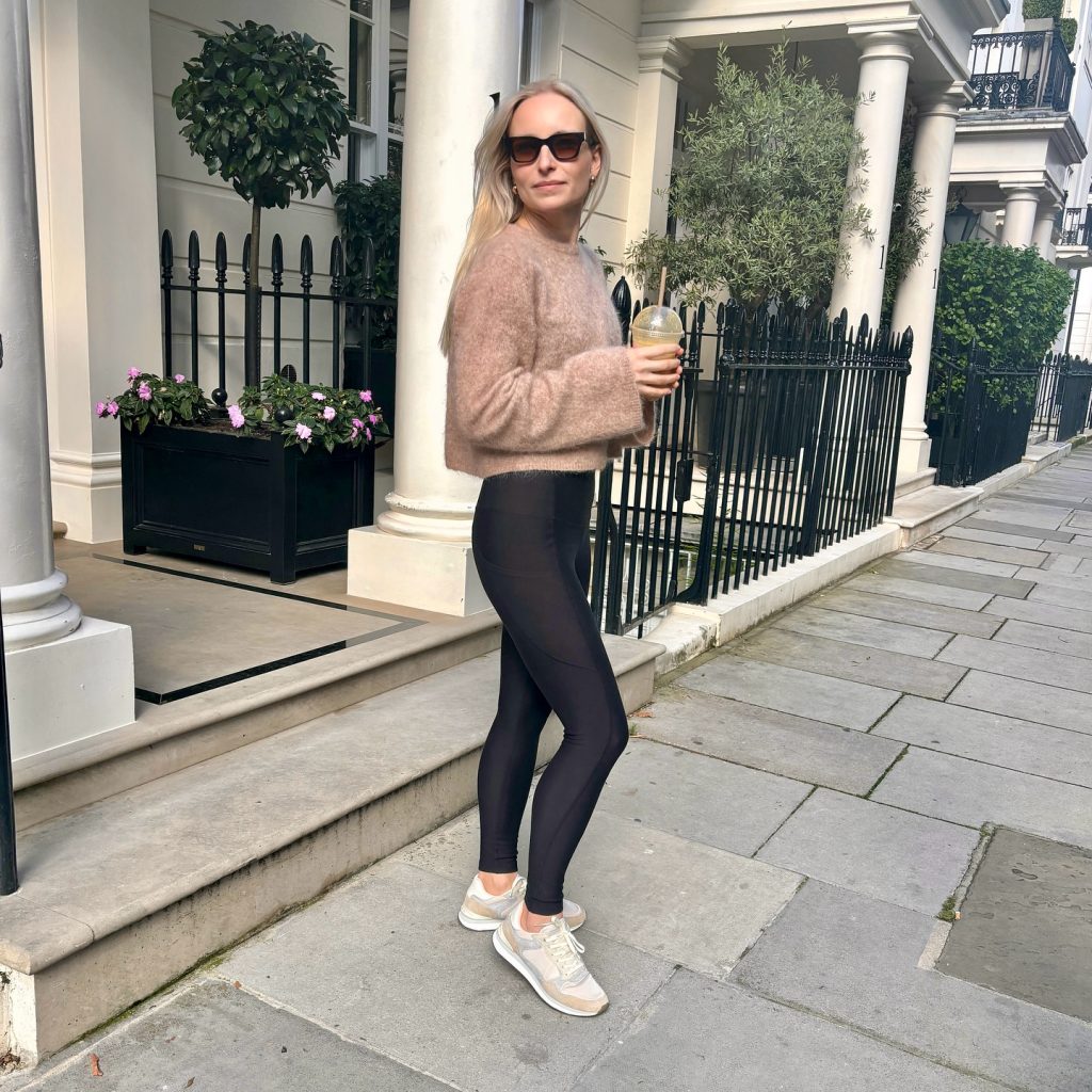 Taupe Mohair Sweater + High-Waist Black Leggings + Beige Sneakers