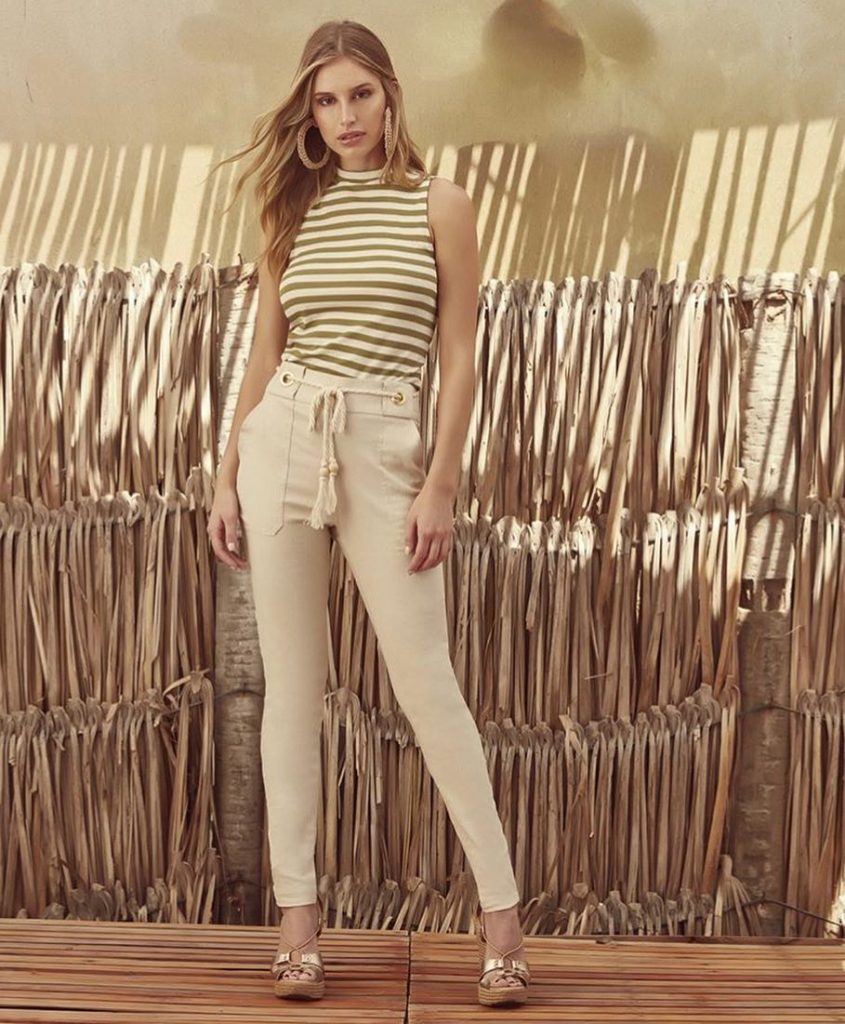 Olive Striped Sleeveless Top + Khaki Tapered Pants + Gold Platform Sandals