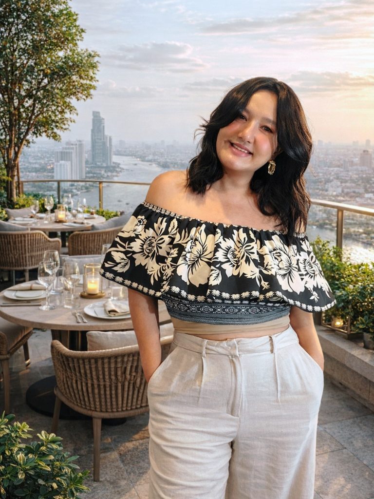 Floral Ruffle Off-Shoulder Top + Cream Linen Trousers