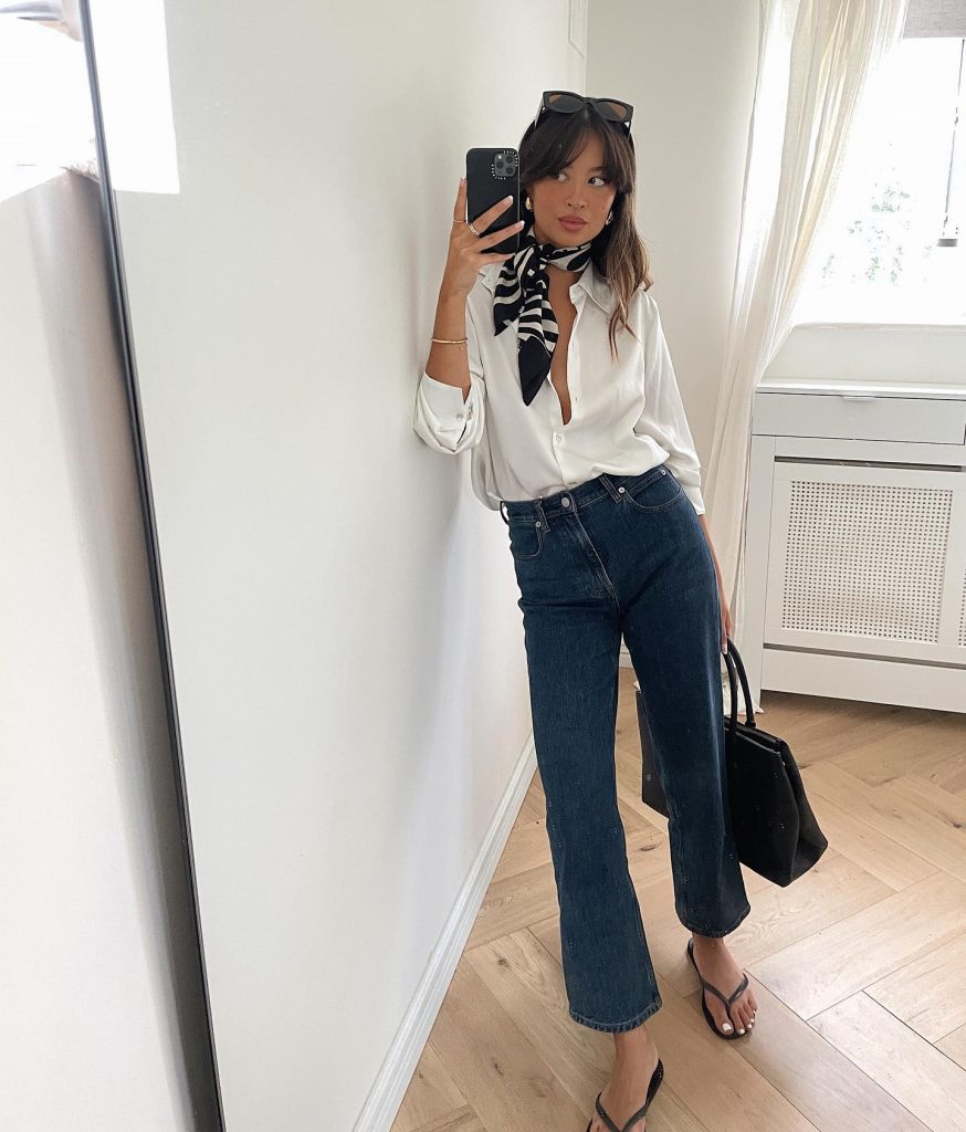 White Button-Down Shirt + Dark Wash Straight Jeans + Black Flip-Flops