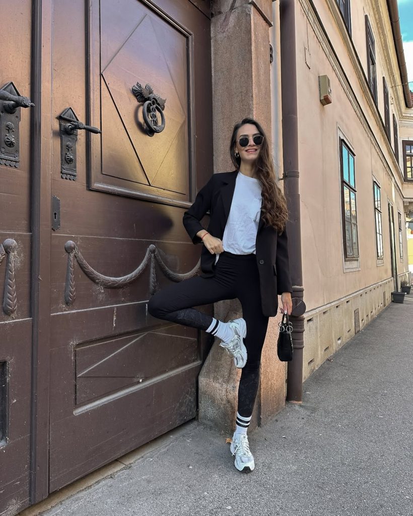 Taupe Cropped Jacket + White T-Shirt + Black Leggings