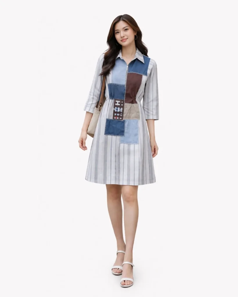 Striped Patchwork Shirt Dress + White Strappy Sandals