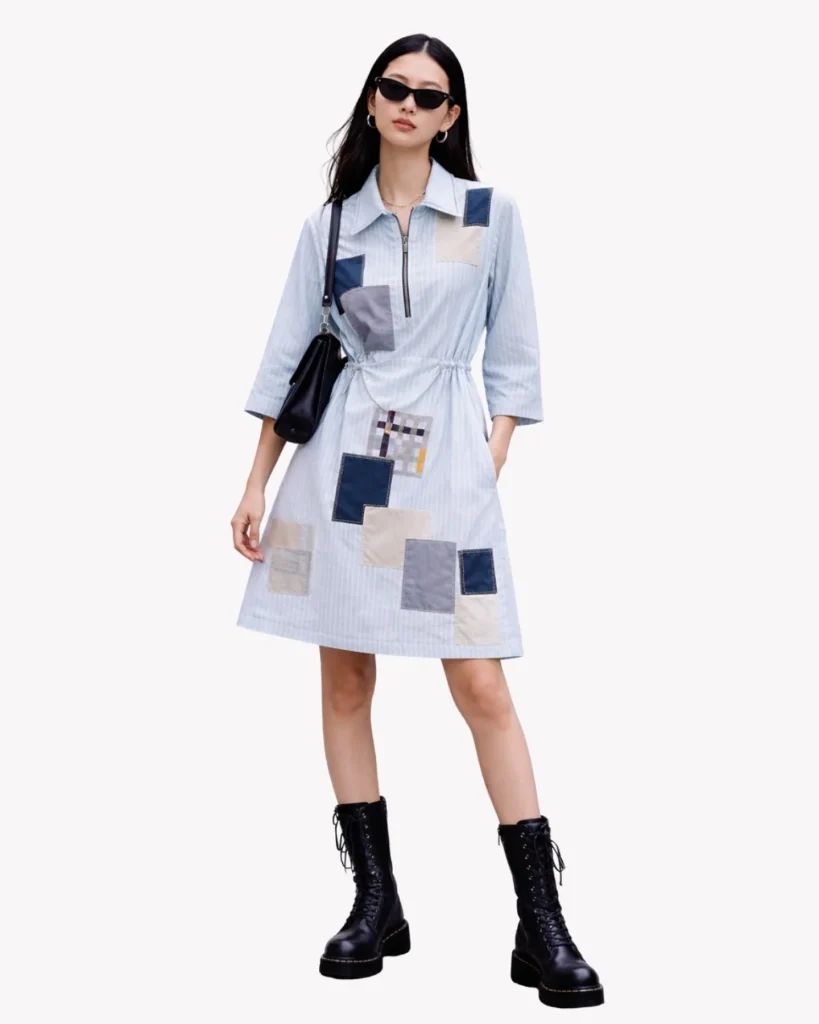 Light Blue Patchwork Shirt Dress + Black Combat Boots
