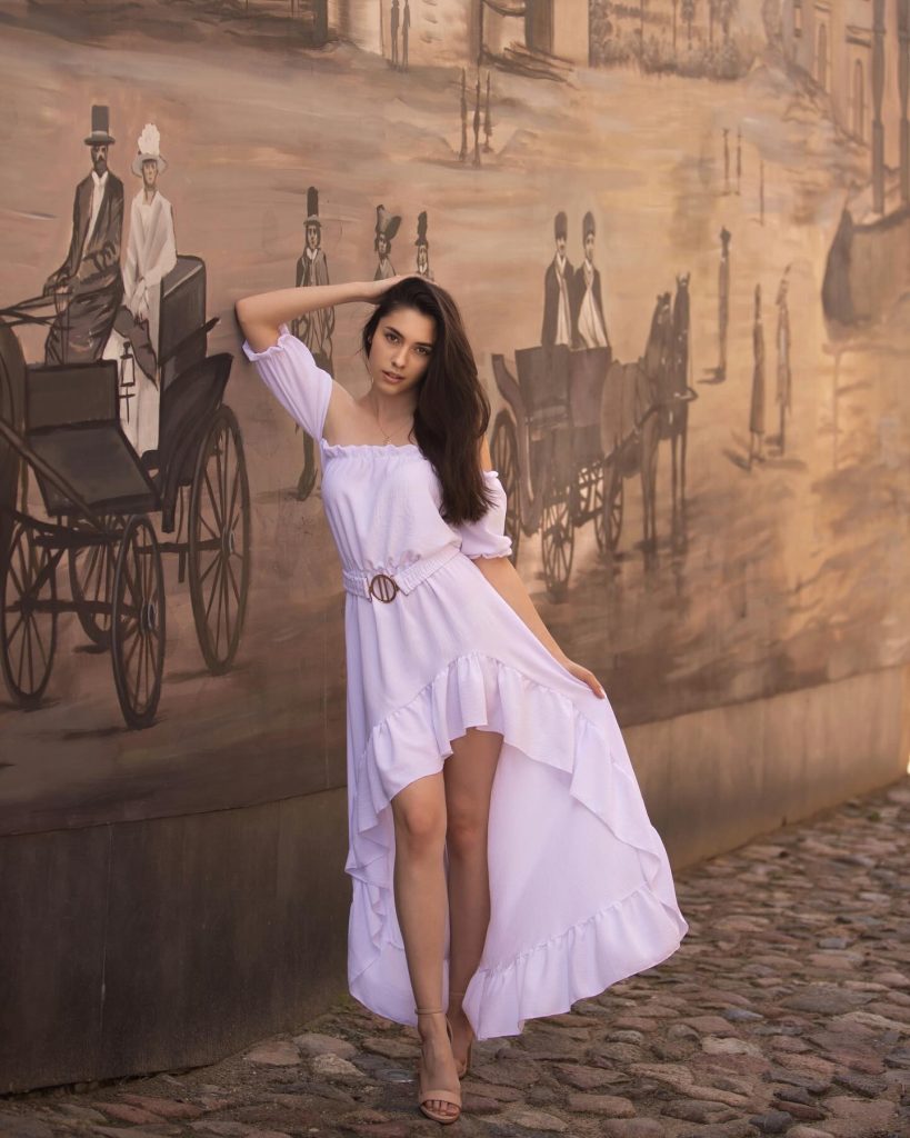 Lavender Off-the-Shoulder High-Low Dress + Circular Buckle Belt + Nude Ankle Strap Heels