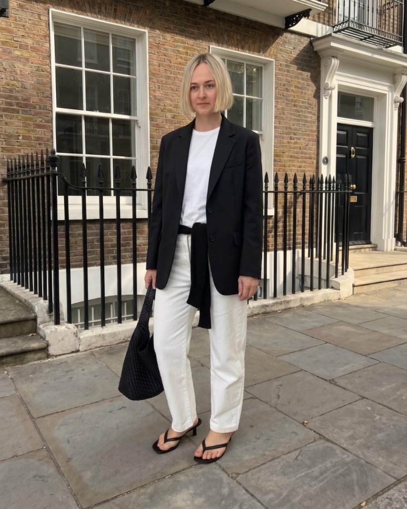 Black Blazer + White T-Shirt + White Straight-Leg Jeans