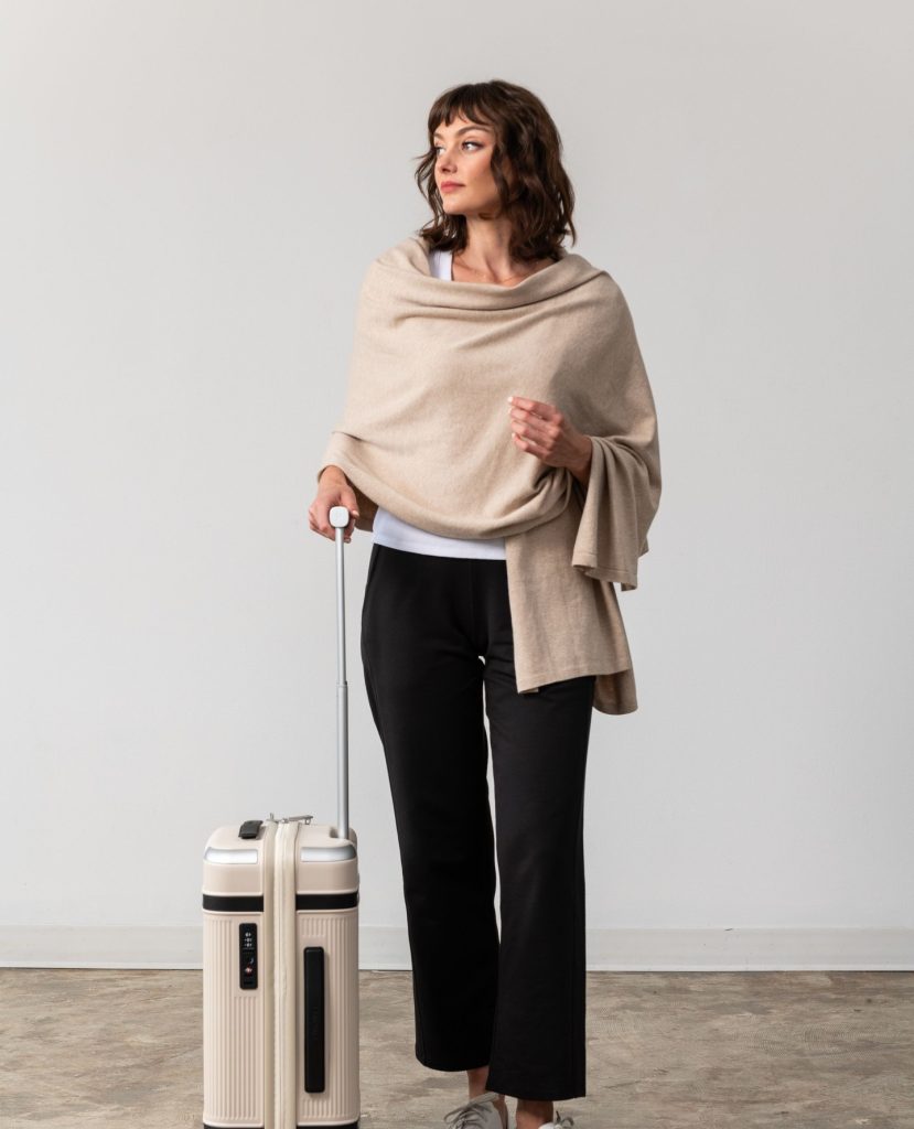 Beige Cashmere Wrap + Black Lounge Pants + White Tee