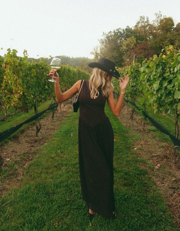 Dark Brown Maxi Dress + Black Cowboy Hat