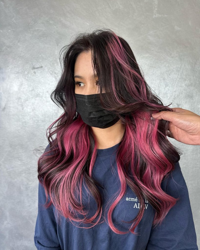 Magenta Pink Highlights on Espresso Brown Hair