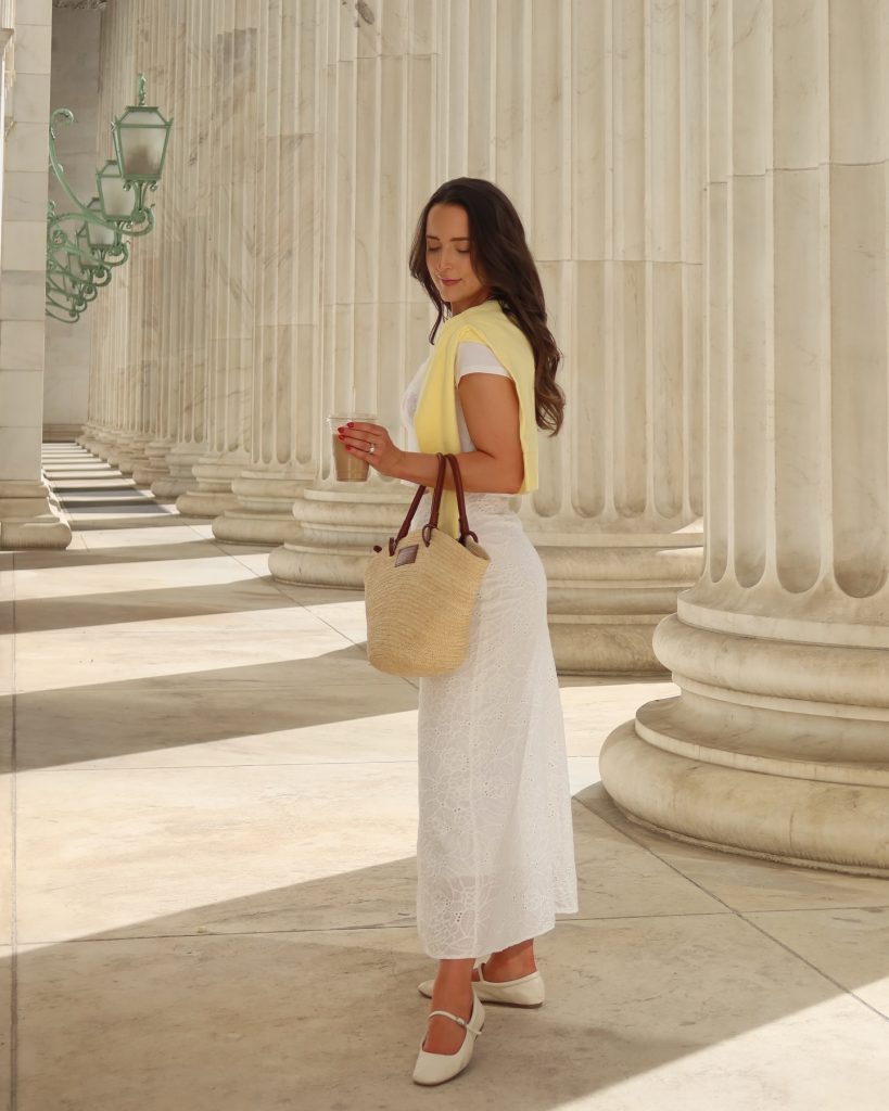White T-Shirt + White Eyelet Maxi Skirt + Yellow Sweater