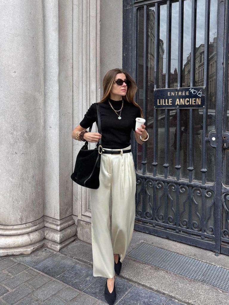 Black Mock Neck Top + Cream Satin Trousers