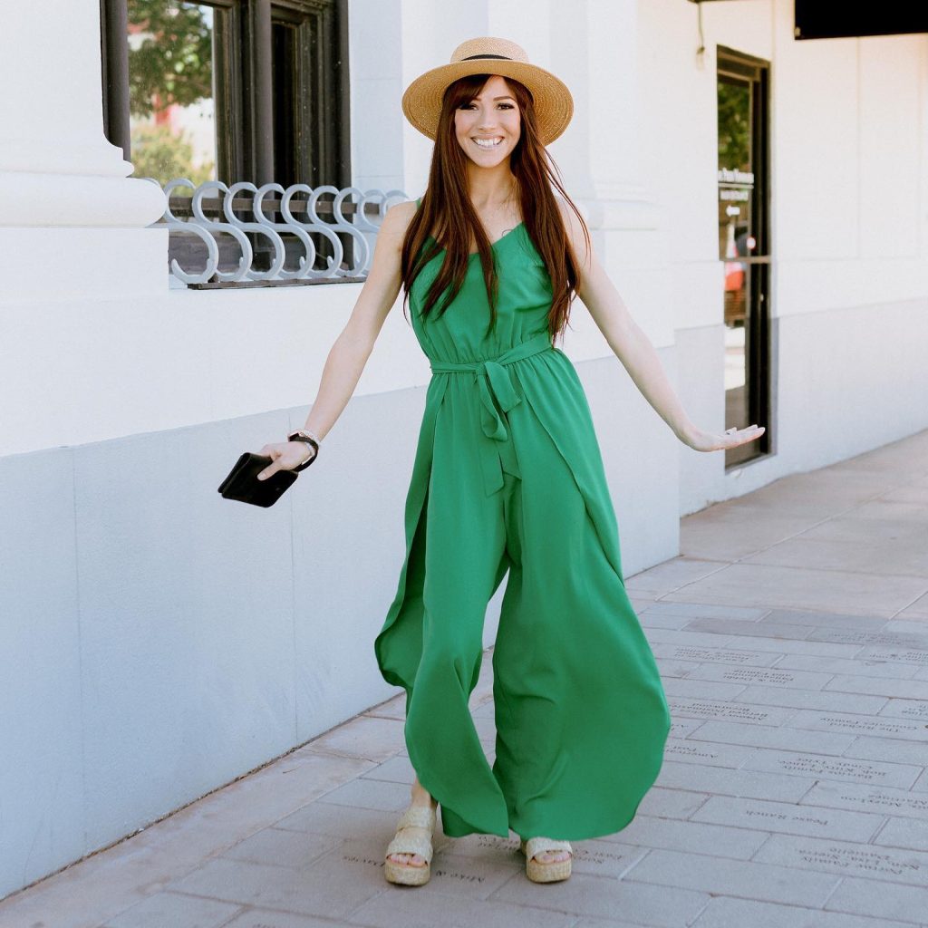 Green Wide-Leg Jumpsuit + Straw Fedora Hat + Platform Sandals