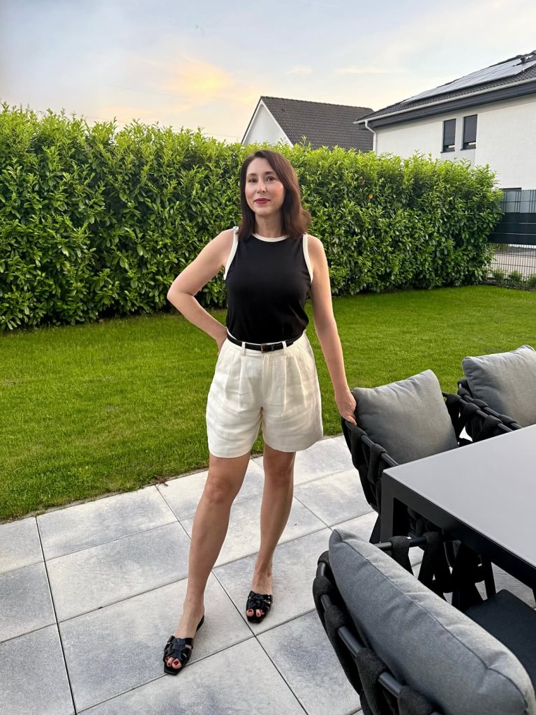 Black Halter Tank + White Linen Shorts