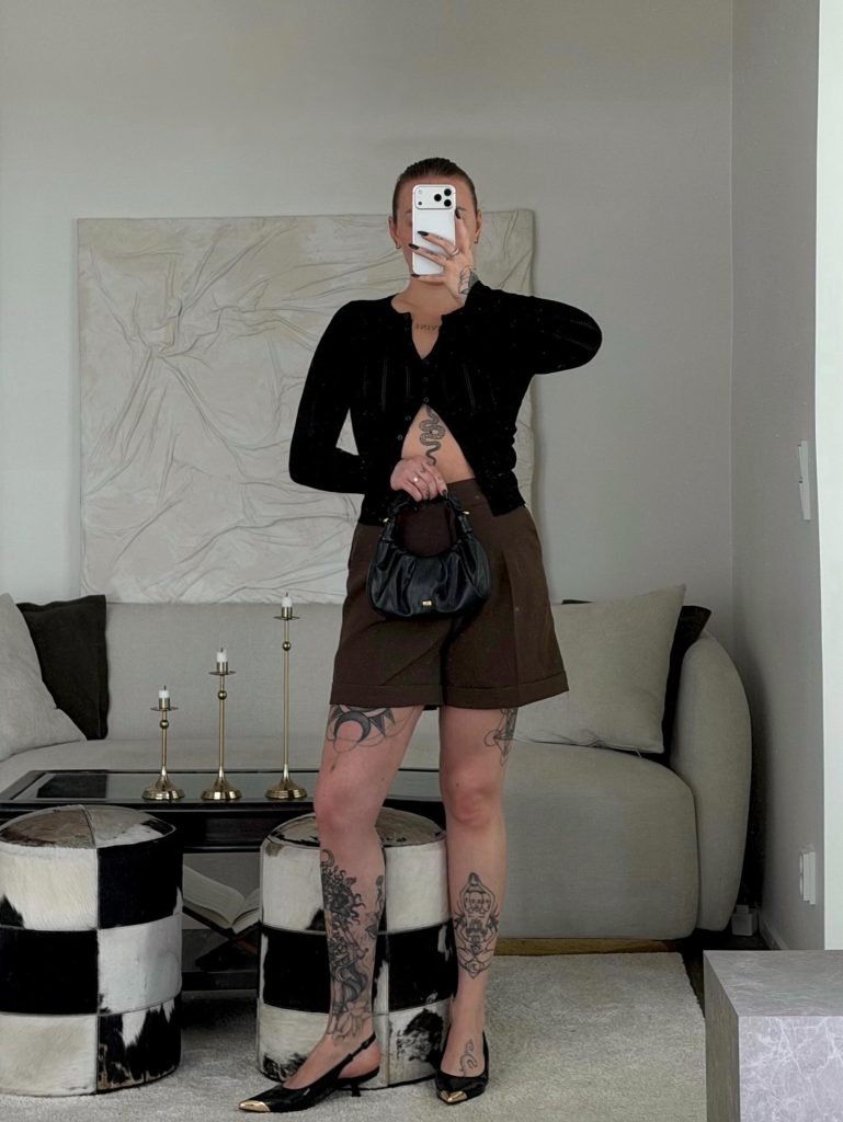 Black Fine-Knit Cardigan + Dark Brown Tailored Shorts