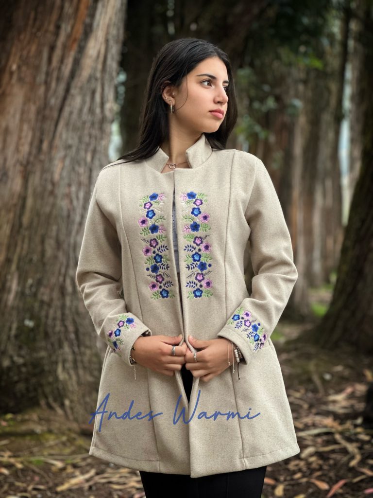 Beige Floral-Embroidered Jacket + Dark Trousers