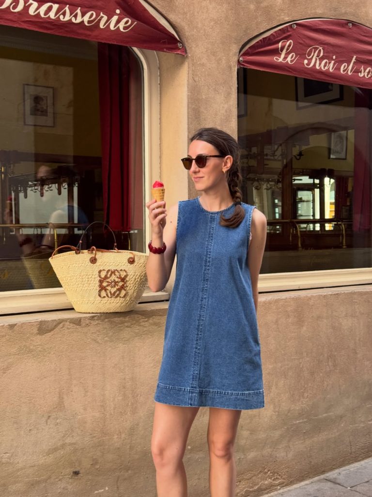 Blue Denim Shift Dress + Straw Tote Bag