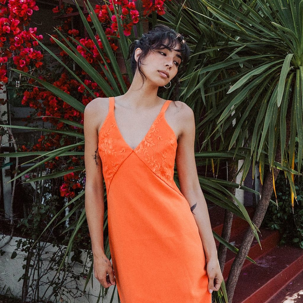 Orange Lace-Trimmed Slip Dress + Hoop Earrings