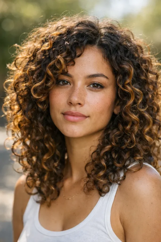 Honey Brown Balayage for Curly Hair