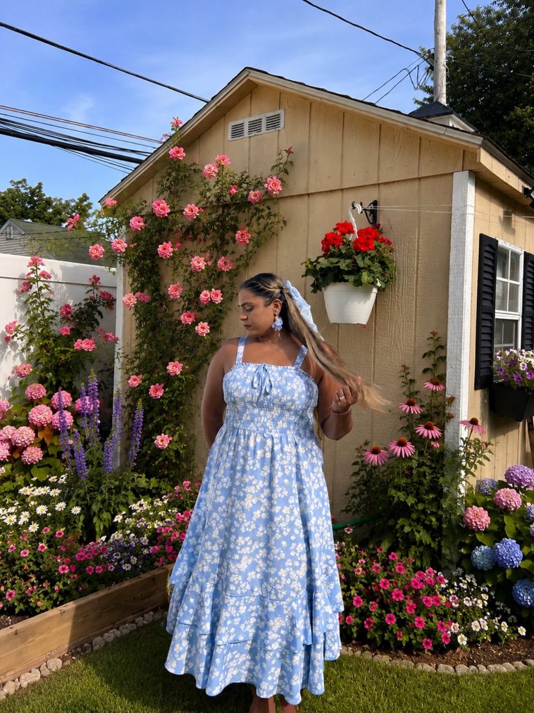 Light Blue Floral Maxi Dress + Blue Flower Earring + Hair Ribbon