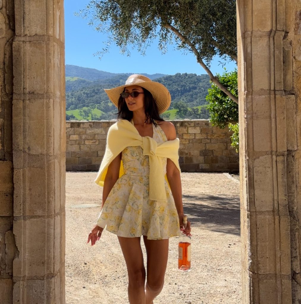  Yellow Floral Mini Dress + Knit Shoulder Sweater + Straw Sun Hat
