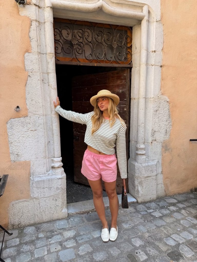 White Crop Top + Pink Shorts + Straw Hat