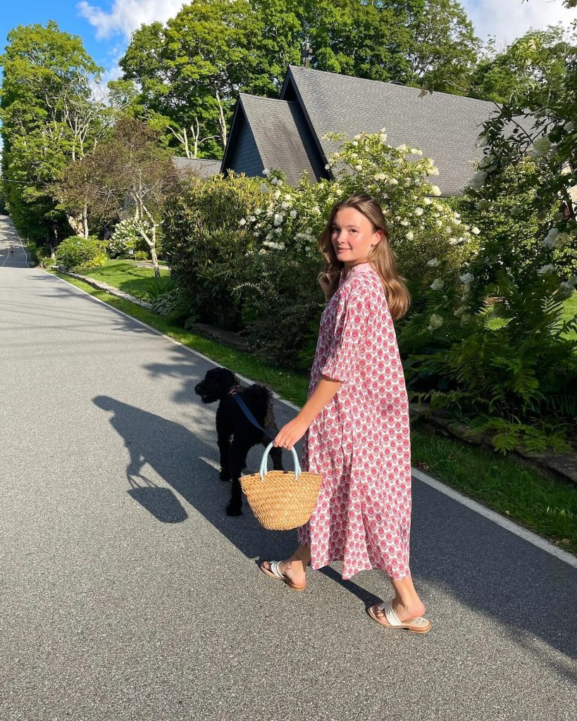 Pink Patterned Midi Dress + Straw Bag + White Sandals
