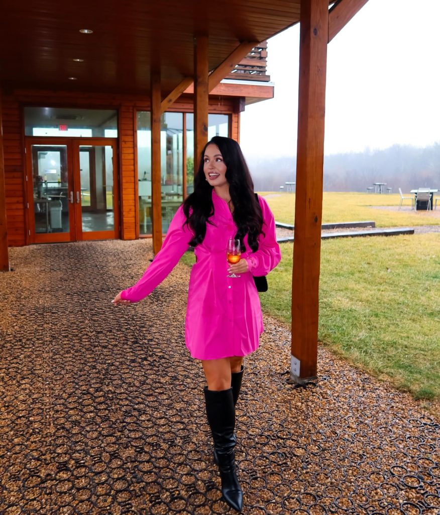 Hot Pink Button-Down Shirt Dress + Black Knee-High Boots + Black Shoulder Bag