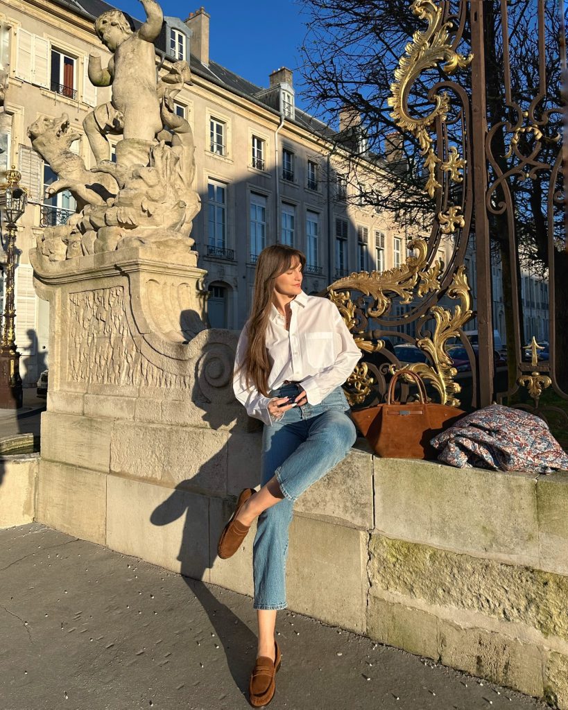 White Button-Down Shirt + Medium-Wash Jeans