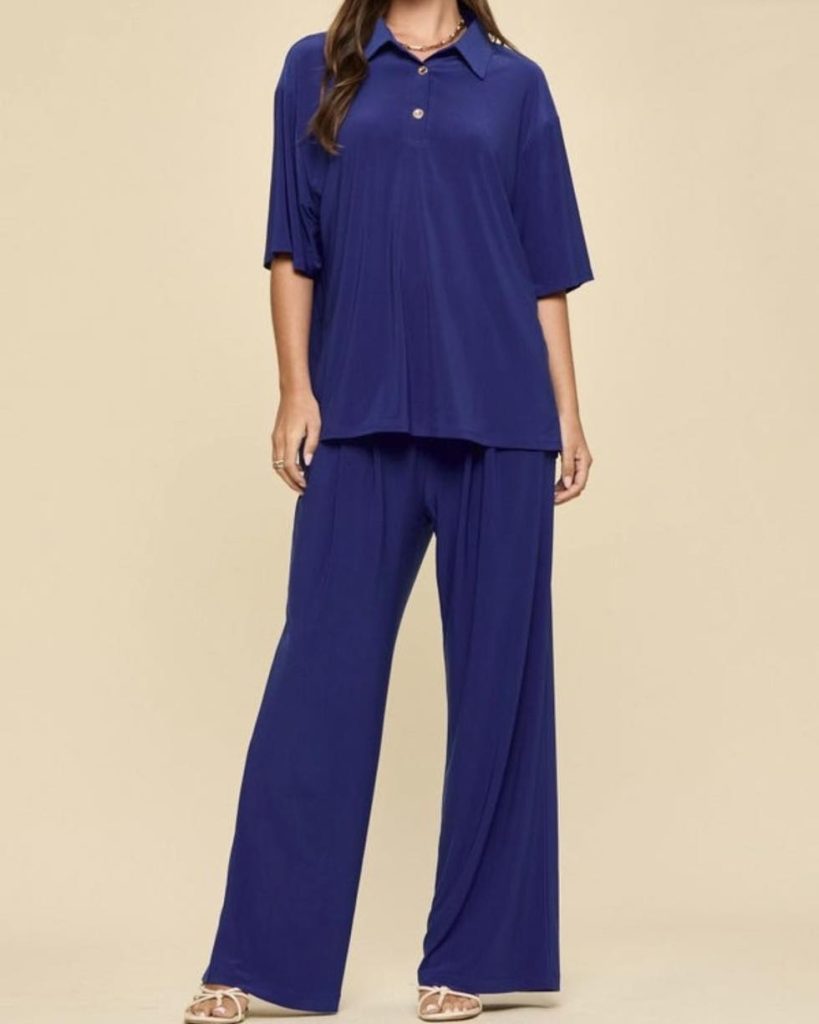 Royal Blue Polo Shirt + Wide Leg Trousers