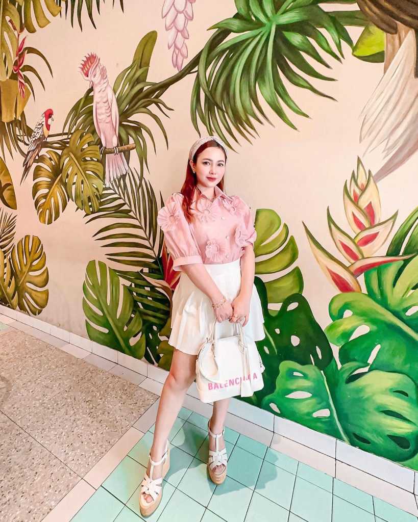 Pink Floral-Appliqué Blouse + White Pleated Mini Skirt + T-Strap Wedge Sandals