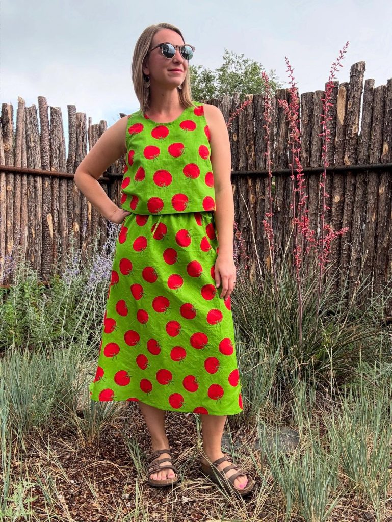Green Tomato Print Top + Tomato Print Skirt + Brown Sandals