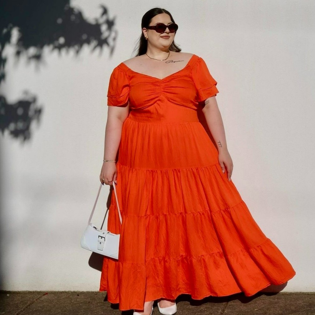 Orange Maxi Dress + White Handbag + White Heels