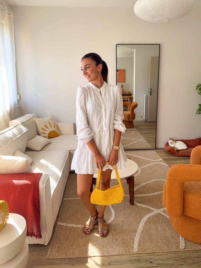 White Lace Dress + Yellow Knit Bag + Metallic Sandals