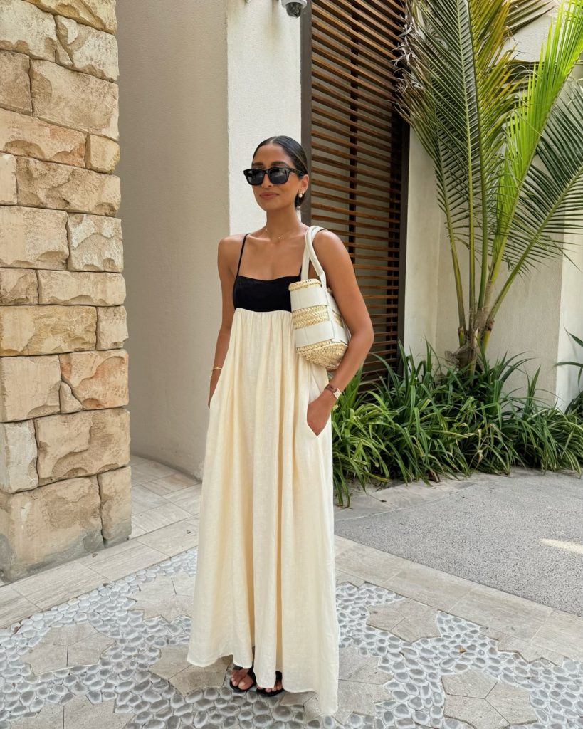  Cream Maxi Dress + Black Bodice + Woven Shoulder Bag